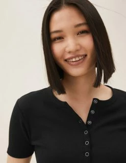 Flash Sale 🎁 M&S Collection Women Cotton Rich Ribbed Henley Top 😀 -New In Womens Sales 2022 SD 01 T41 6380C Y0 X EC 1
