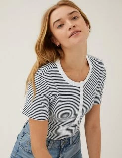 Wholesale 🧨 M&S Collection Women Cotton Rich Striped Ribbed Henley Short Sleeve Top 🌟 -New In Womens Sales 2022 SD 01 T41 6381C F4 X EC 0