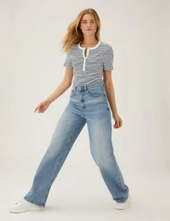 Wholesale 🧨 M&S Collection Women Cotton Rich Striped Ribbed Henley Short Sleeve Top 🌟 -New In Womens Sales 2022 SD 01 T41 6381C F4 X EC 1