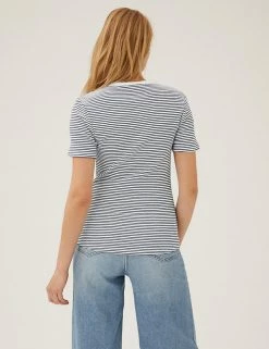 Wholesale 🧨 M&S Collection Women Cotton Rich Striped Ribbed Henley Short Sleeve Top 🌟 -New In Womens Sales 2022 SD 01 T41 6381C F4 X EC 2