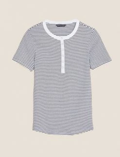 Wholesale 🧨 M&S Collection Women Cotton Rich Striped Ribbed Henley Short Sleeve Top 🌟 -New In Womens Sales 2022 SD 01 T41 6381C F4 X EC 90