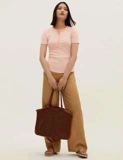 Wholesale ๐งจ M&S Collection Women Cotton Rich Striped Ribbed Henley Short Sleeve Top ๐