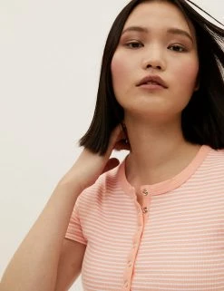 Wholesale 🧨 M&S Collection Women Cotton Rich Striped Ribbed Henley Short Sleeve Top 🌟 -New In Womens Sales 2022 SD 01 T41 6381C PH X EC 1