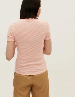 Wholesale 🧨 M&S Collection Women Cotton Rich Striped Ribbed Henley Short Sleeve Top 🌟 -New In Womens Sales 2022 SD 01 T41 6381C PH X EC 2