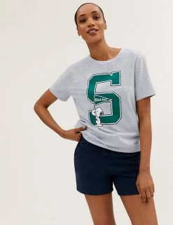 Promo 🤩 M&S Collection T-shirts Pure Cotton Snoopy™ Short Sleeve T-Shirt 👍 -New In Womens Sales 2022 SD 01 T41 6387C UT X EC 3