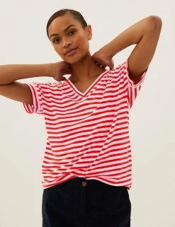 Best reviews of 🔥 M&S Collection Women Linen Rich Striped V-Neck T-Shirt 💯 -New In Womens Sales 2022 SD 01 T41 6395C PH X EC 1
