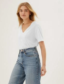 Cheapest 🧨 M&S Collection Women V-Neck Longline T-Shirt 🎉 -New In Womens Sales 2022 SD 01 T41 6916 Z0 X EC 0