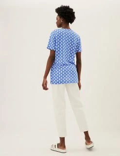 Deals ❤️ M&S Collection Women Printed V-Neck Longline T-Shirt 😉 -New In Womens Sales 2022 SD 01 T41 6917 E4 X EC 3