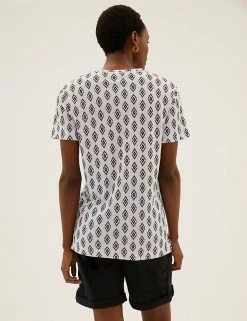 Deals ❤️ M&S Collection Women Printed V-Neck Longline T-Shirt 😉 -New In Womens Sales 2022 SD 01 T41 6917 Z4 X EC 3