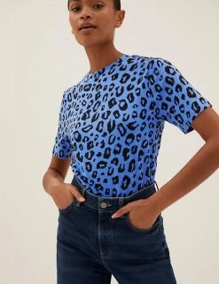 Promo 😀 M&S Collection Women Pure Cotton Printed Straight Fit T-Shirt 😉 -New In Womens Sales 2022 SD 01 T41 9607 E4 X EC 1