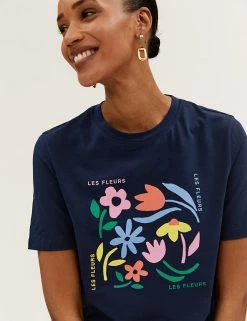 Promo 😀 M&S Collection Women Pure Cotton Printed Straight Fit T-Shirt 😉 -New In Womens Sales 2022 SD 01 T41 9607 ZZ X EC 1