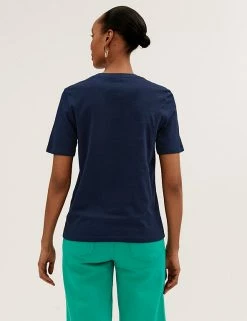 Promo 😀 M&S Collection Women Pure Cotton Printed Straight Fit T-Shirt 😉 -New In Womens Sales 2022 SD 01 T41 9607 ZZ X EC 2