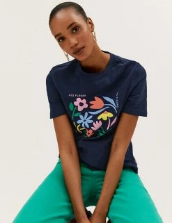 Promo 😀 M&S Collection Women Pure Cotton Printed Straight Fit T-Shirt 😉 -New In Womens Sales 2022 SD 01 T41 9607 ZZ X EC 3