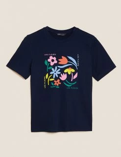 Promo 😀 M&S Collection Women Pure Cotton Printed Straight Fit T-Shirt 😉 -New In Womens Sales 2022 SD 01 T41 9607 ZZ X EC 90