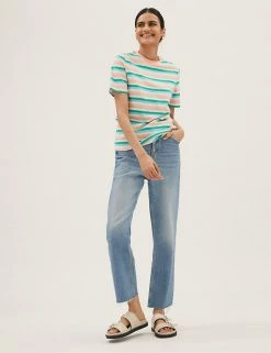 Hot Sale 😀 M&S Collection Women Pure Cotton Striped Crew Neck T-Shirt 🔥 -New In Womens Sales 2022 SD 01 T41 9608 C8 X EC 1