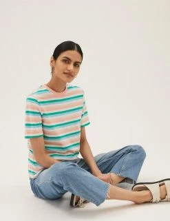 Hot Sale 😀 M&S Collection Women Pure Cotton Striped Crew Neck T-Shirt 🔥 -New In Womens Sales 2022 SD 01 T41 9608 C8 X EC 2