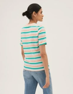 Hot Sale 😀 M&S Collection Women Pure Cotton Striped Crew Neck T-Shirt 🔥 -New In Womens Sales 2022 SD 01 T41 9608 C8 X EC 3