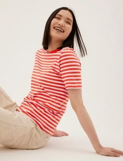 Hot Sale 😀 M&S Collection Women Pure Cotton Striped Crew Neck T-Shirt 🔥 -New In Womens Sales 2022 SD 01 T41 9608 P4 X EC 0