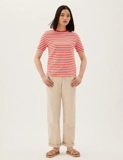 Hot Sale 😀 M&S Collection Women Pure Cotton Striped Crew Neck T-Shirt 🔥 -New In Womens Sales 2022 SD 01 T41 9608 P4 X EC 1