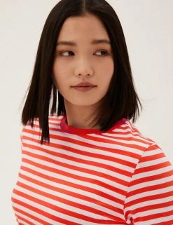 Hot Sale 😀 M&S Collection Women Pure Cotton Striped Crew Neck T-Shirt 🔥 -New In Womens Sales 2022 SD 01 T41 9608 P4 X EC 2