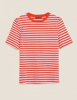 Hot Sale 😀 M&S Collection Women Pure Cotton Striped Crew Neck T-Shirt 🔥 -New In Womens Sales 2022 SD 01 T41 9608 P4 X EC 90
