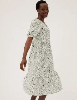 New 🔔 M&S Collection 👗 Dresses Animal Print V-Neck Midi Tiered 👗 Dress 😉