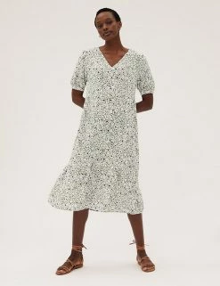 New 🔔 M&S Collection 👗 Dresses Animal Print V-Neck Midi Tiered 👗 Dress 😉 -New In Womens Sales 2022 SD 01 T42 4011 KA X EC 1