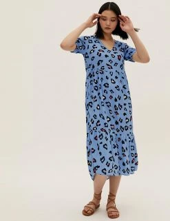Hot Sale 🔥 M&S Collection 👗 Dresses Animal Print V-Neck Midi Tiered 👗 Dress 👍 -New In Womens Sales 2022 SD 01 T42 4012 E4 X EC 1