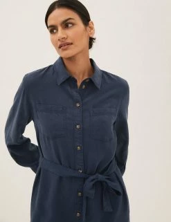 Brand new ⌛ M&S Collection 👗 Dresses Pure Tencel™ Belted Midi 👕 Shirt 👗 Dress 💯 -New In Womens Sales 2022 SD 01 T42 4485 F0 X EC 3