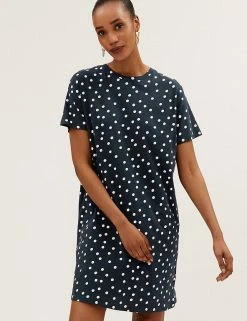 Brand new 😀 M&S Collection 👗 Dresses Pure Cotton Polka Dot Mini T-Shirt 👗 Dress 😍 -New In Womens Sales 2022 SD 01 T42 4684 F0 X EC 1