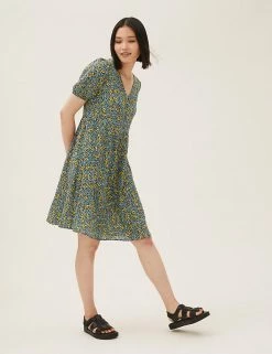 Best Pirce 👏 M&S Collection 👗 Dresses Ditsy Floral V-Neck Mini Smock 👗 Dress ⌛