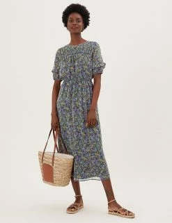 Promo 🎁 M&S Collection 👗 Dresses Chiffon Ditsy Floral Midi Waisted 👗 Dress 🌟 -New In Womens Sales 2022 SD 01 T42 4749 ZZ X EC 4