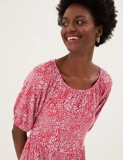 Deals 🥰 M&S Collection 👗 Dresses Jersey Floral Puff Sleeve Midi Tiered 👗 Dress 🧨 -New In Womens Sales 2022 SD 01 T42 4789 B4 X EC 1