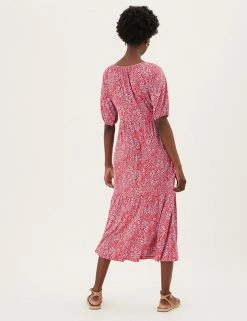 Deals 🥰 M&S Collection 👗 Dresses Jersey Floral Puff Sleeve Midi Tiered 👗 Dress 🧨 -New In Womens Sales 2022 SD 01 T42 4789 B4 X EC 2