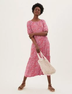 Deals 🥰 M&S Collection 👗 Dresses Jersey Floral Puff Sleeve Midi Tiered 👗 Dress 🧨 -New In Womens Sales 2022 SD 01 T42 4789 B4 X EC 3