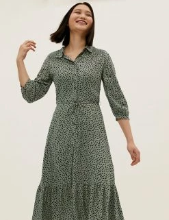 Best Sale ✨ M&S Collection 👗 Dresses Printed Tie Waist Midi 👕 Shirt 👗 Dress 🔥 -New In Womens Sales 2022 SD 01 T42 4877 KA X EC 1