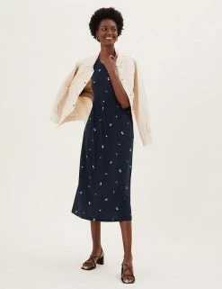 Best Sale 🤩 M&S Collection 👗 Dresses Jersey Floral Sleeveless Midi Relaxed 👗 Dress 😉