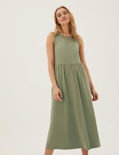 Budget 🥰 M&S Collection 👗 Dresses Jersey Round Neck Midi Relaxed Swing 👗 Dress ✔️