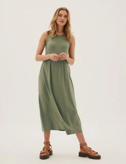 Budget 🥰 M&S Collection 👗 Dresses Jersey Round Neck Midi Relaxed Swing 👗 Dress ✔️ -New In Womens Sales 2022 SD 01 T42 7149 KH X EC 1