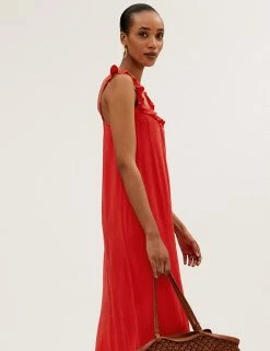 Brand new 😉 M&S Collection 👗 Dresses V-Neck Frill Detail Midaxi Slip 👗 Dress ⭐ -New In Womens Sales 2022 SD 01 T42 7309 B0 X EC 1