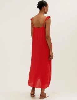 Brand new 😉 M&S Collection 👗 Dresses V-Neck Frill Detail Midaxi Slip 👗 Dress ⭐ -New In Womens Sales 2022 SD 01 T42 7309 B0 X EC 3