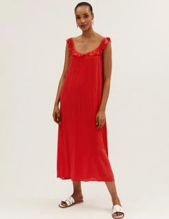 Brand new 😉 M&S Collection 👗 Dresses V-Neck Frill Detail Midaxi Slip 👗 Dress ⭐ -New In Womens Sales 2022 SD 01 T42 7309 B0 X EC 4