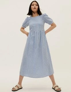 New 🛒 M&S Collection 👗 Dresses Pure Cotton Gingham Midi Waisted 👗 Dress 😍