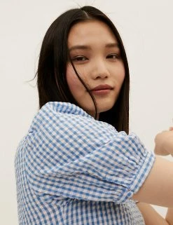 New 🛒 M&S Collection 👗 Dresses Pure Cotton Gingham Midi Waisted 👗 Dress 😍 -New In Womens Sales 2022 SD 01 T42 7312 E4 X EC 2