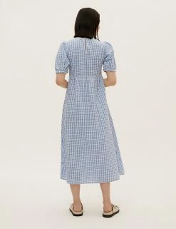 New 🛒 M&S Collection 👗 Dresses Pure Cotton Gingham Midi Waisted 👗 Dress 😍 -New In Womens Sales 2022 SD 01 T42 7312 E4 X EC 3