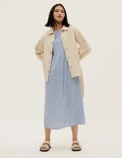 New 🛒 M&S Collection 👗 Dresses Pure Cotton Gingham Midi Waisted 👗 Dress 😍 -New In Womens Sales 2022 SD 01 T42 7312 E4 X EC 4