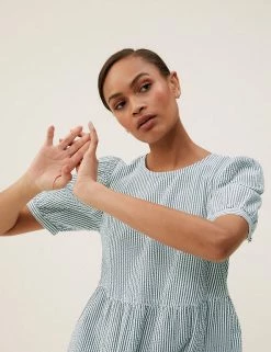 New 🛒 M&S Collection 👗 Dresses Pure Cotton Gingham Midi Waisted 👗 Dress 😍 -New In Womens Sales 2022 SD 01 T42 7312 Y4 X EC 0