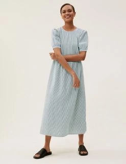 New 🛒 M&S Collection 👗 Dresses Pure Cotton Gingham Midi Waisted 👗 Dress 😍 -New In Womens Sales 2022 SD 01 T42 7312 Y4 X EC 1