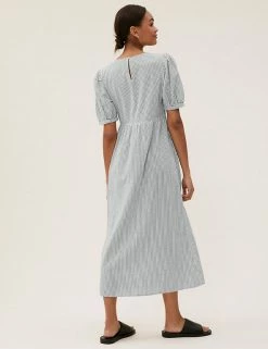 New 🛒 M&S Collection 👗 Dresses Pure Cotton Gingham Midi Waisted 👗 Dress 😍 -New In Womens Sales 2022 SD 01 T42 7312 Y4 X EC 2