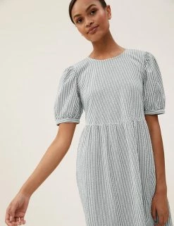 New 🛒 M&S Collection 👗 Dresses Pure Cotton Gingham Midi Waisted 👗 Dress 😍 -New In Womens Sales 2022 SD 01 T42 7312 Y4 X EC 3
